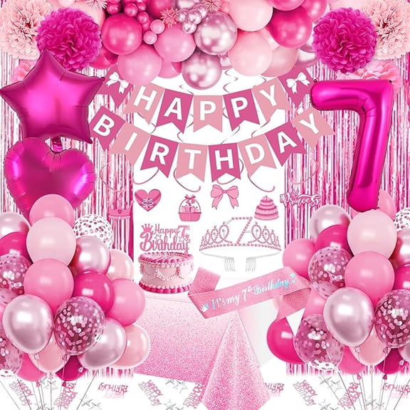 7th Birthday Decorations for Girls, Pink Party Decorations with Number 7 Balloon Happy Birthday Banner Bday Sash Crown Tablecloth Fringe Curtain Hanging Swirl for 7 Balloons for Bday Girl
