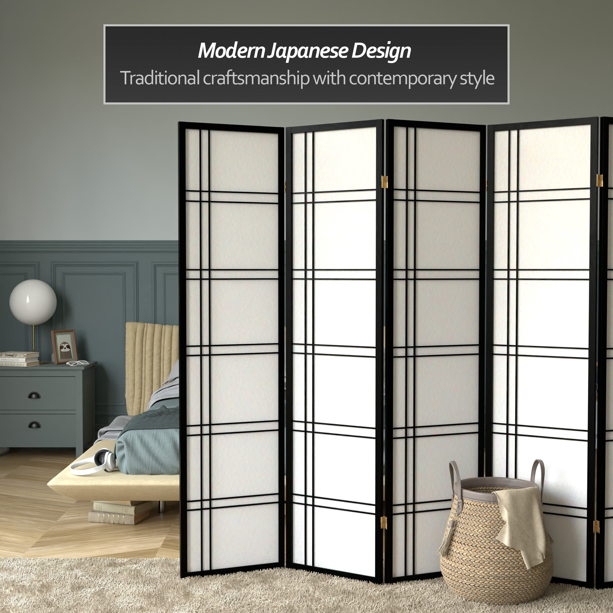 6 ft. Tall Double Cross Shoji Screen - Black - 8 Panels