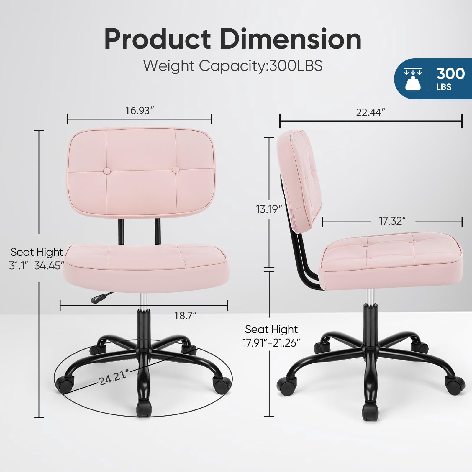 Telyra Armless Office Chair Adjustable PU Leather Desk Chair with Wheels Padded Low-Back Swivel Vanity Chair, Pink