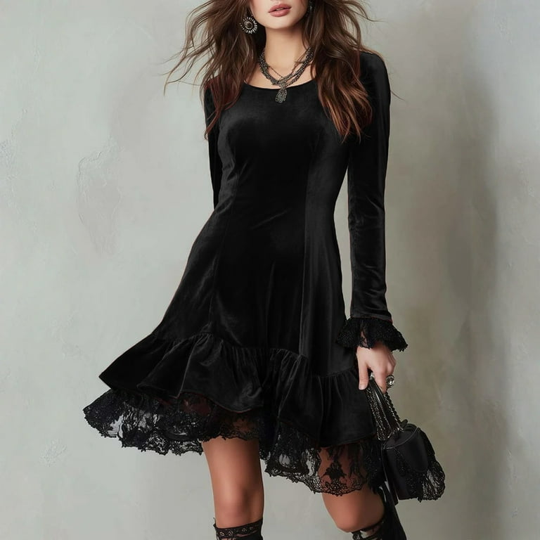 white christmas dresses Black Velvet Sheath High Neck Lace Long Sleeves Holiday Party Dress main image 0