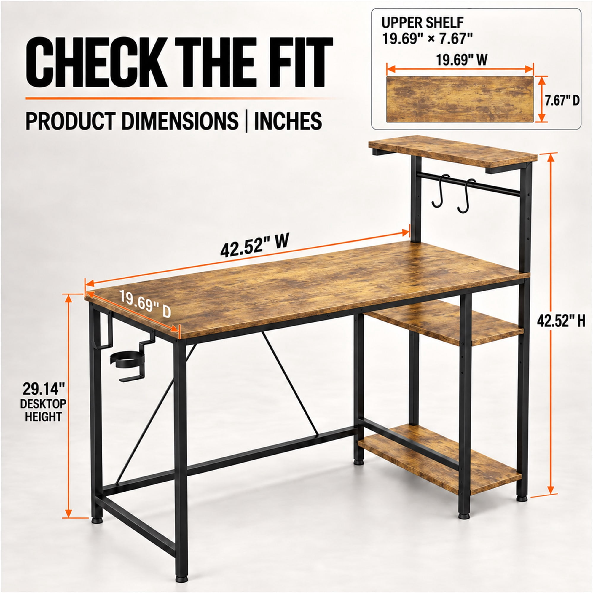 CloudRest Pro 44 Inch Gaming Desk with RGB LED Lights, Reversible Computer Desk with 4-Tier Storage Shelves, Cup Holder and Headphone Hook, Rustic Brown