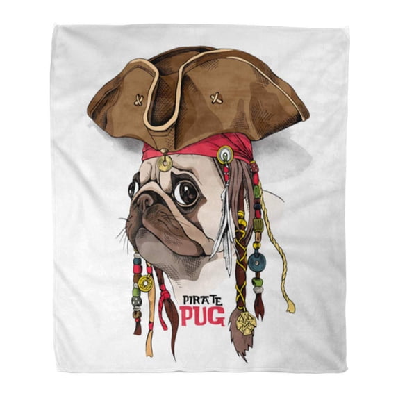 ASHLEIGH Throw Blanket Warm Cozy Print Flannel Brown Dog Portrait of Pug in Pirate Hat Bandana Dreadlocks Fun Comfortable Soft for Bed Sofa and Couch 50x60 Inches