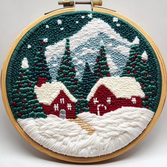 Punch Needle kits Merry Christmas Scenery Easy for Beginners DIY Punch Needle Yarn Starter Embroidery Set for Craft Lovers with Printed Pattern and Hoop for Home Decor 20x20cm-1