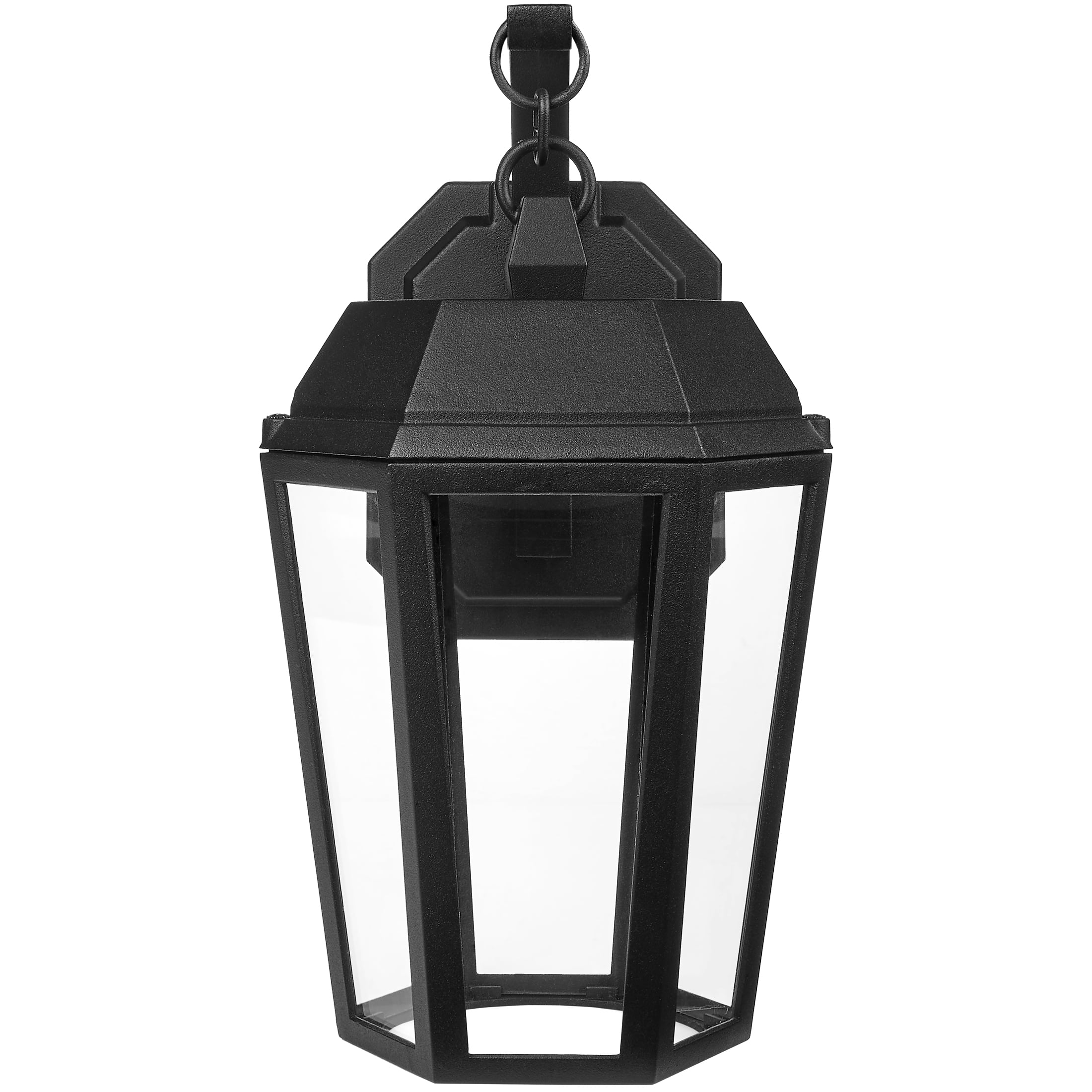 Maxxima LED Porch Lantern Outdoor Wall Light, Black w/ Clear Glass, Dusk to Dawn Sensor, 570 Lumens, 3000K Warm White