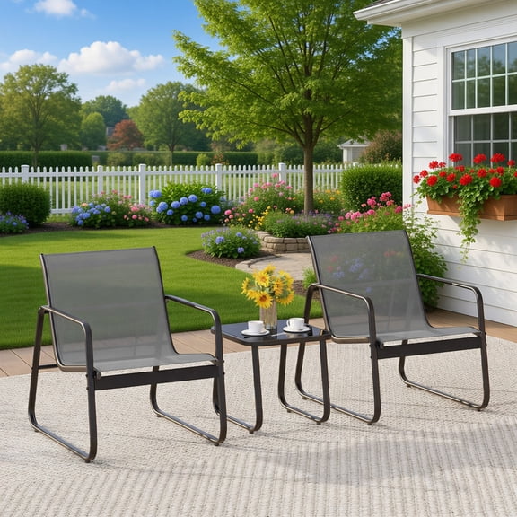 3-Piece Outdoor Textilene Patio Furniture Set, Modern All-Weather Bistro Conversation Set with Chairs & Coffee Table for Small Patio, Backyard, Porch and Deck, Gray