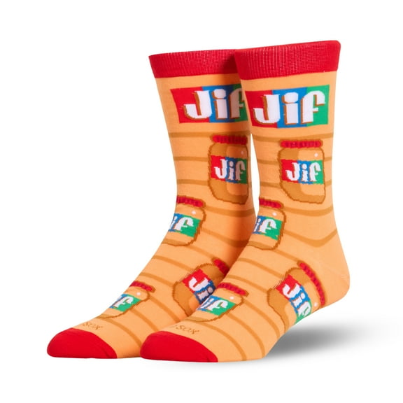 Cool Socks – Jif Peanut Butter Jar Crew Socks – Size Large for Men & Women – Classic Red-Blue Jar