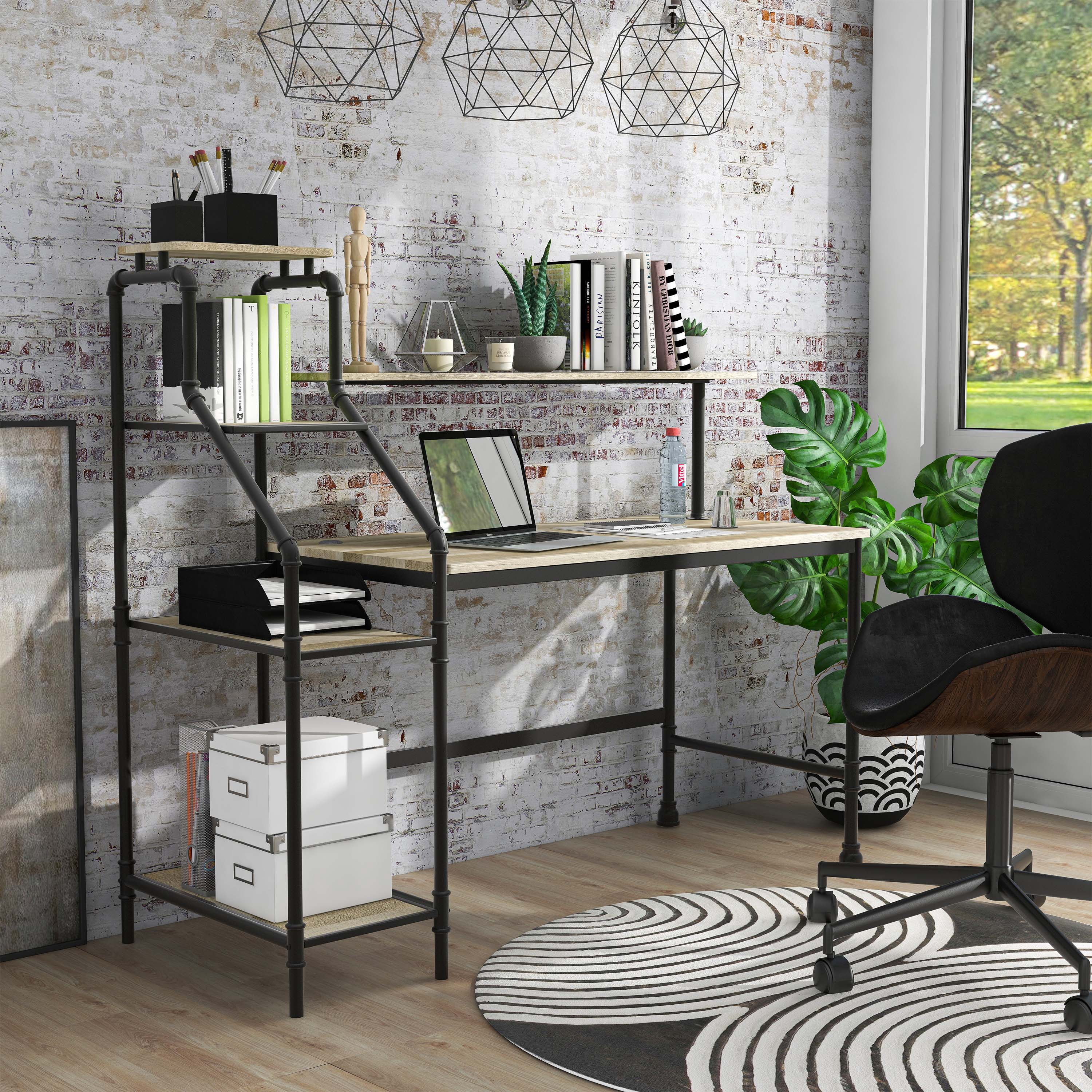 Furniture of America Asher Metal 61-in Corner Desk with LED, Light Oak