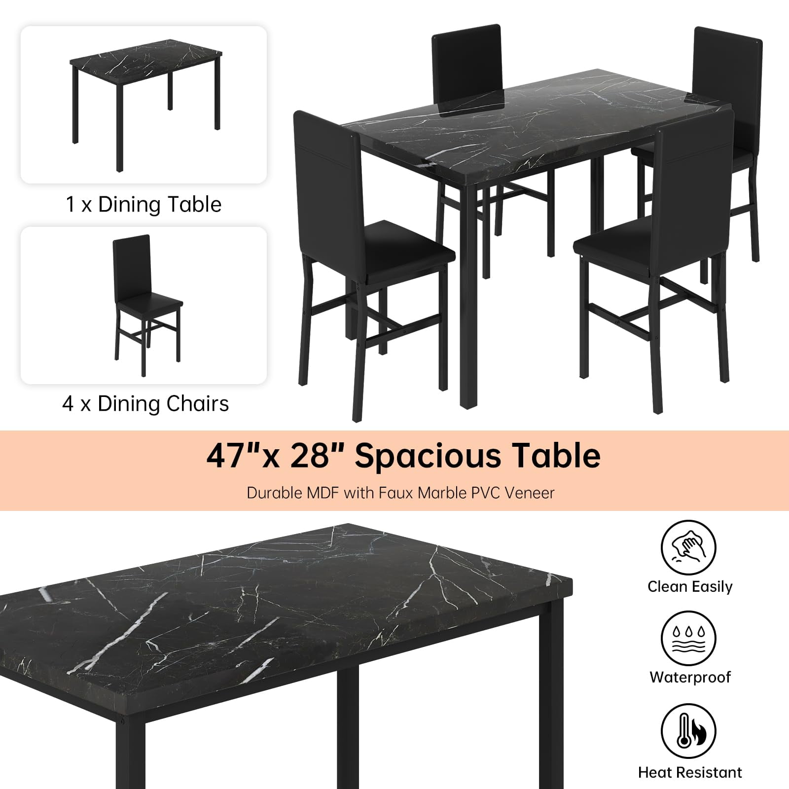 LinkRomat Dining Table Set for 4, Faux Marble Kitchen Table Set with 4 Leather Upholstered Chairs, 5 Piece Modern Dinette for Dining Room