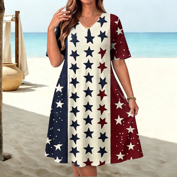 QUNYINEY Plus Size Womens Summer Casual Dresses Midi Independence Day Patriotic Short Sleeve A Line Dress Loose Fit with Pockets V-Neck Dresses