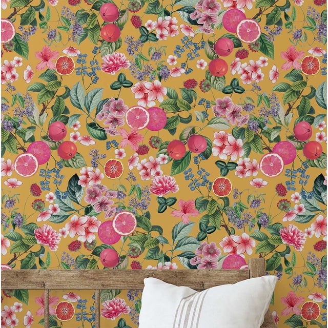 S4sassy Self-Stick Decorative Wallpaper, Tropical Citrus Blossom Wall Paper, Vinyl Waterproof Contact Paper, Yellow, 25"x120" Removable Renter Friendly Wall Covering For Bedroom, Dining room