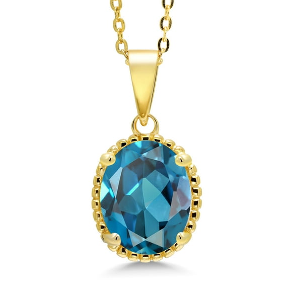 Gem Stone King 18K Yellow Gold Plated Silver London Blue Topaz Pendant Necklace for Women (4.20 Cttw, Oval 11X9MM, Gemstone November Birthstone, with 18 inch Silver Chain)
