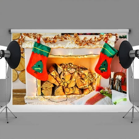 Image of GreenDecor 7x5ft Christmas backdrops Lantern fireplace Christmas gift bag christmas tree backdrop