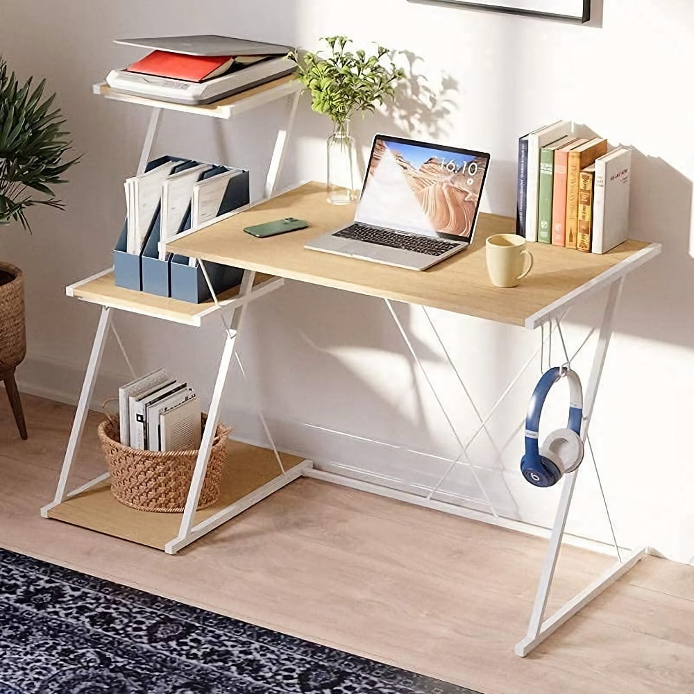 Wood Computer Desk with 3 Tier Shelves PC Laptop Home Office Study Writing Table 