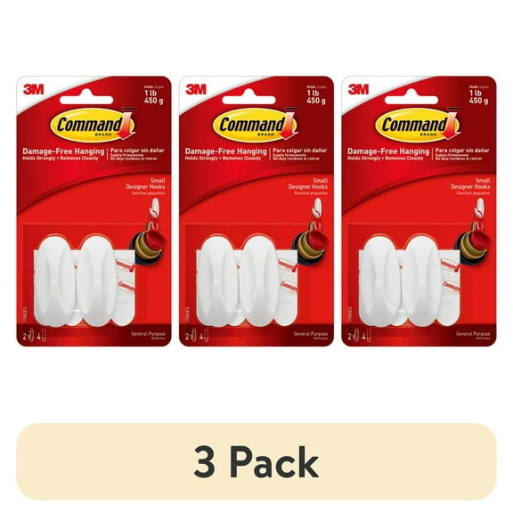 (3 pack) Command Designer Hook, White, Small, 2 Hooks, 4 Strips/Pack