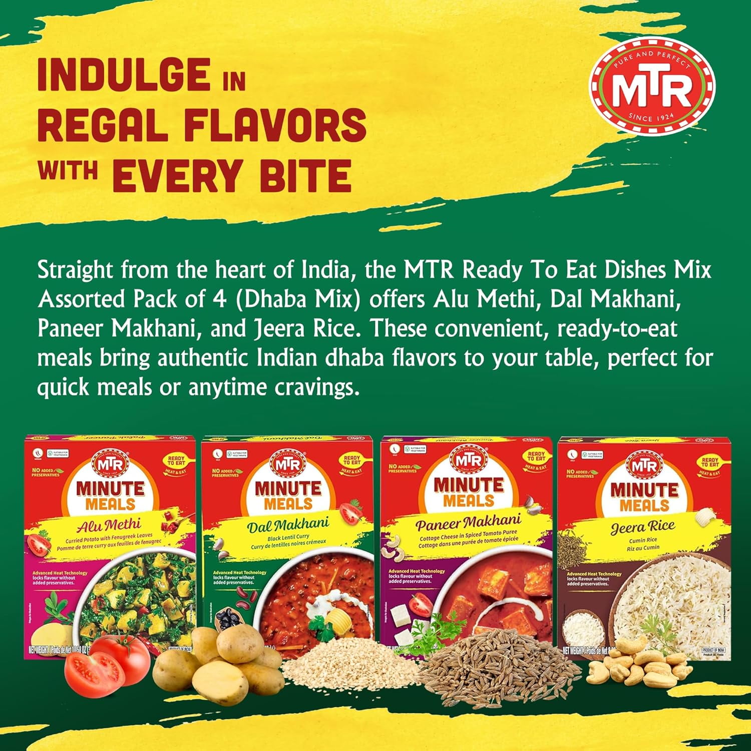 MTR Ready-To-Eat: Dhaba Mix - Assorted Pack of 4 (Alu Methi, Dal Makhani, Paneer Makhani, Jeera Rice) - Authentic Indian Food with No Added Preservatives - Suitable for Vegetarians