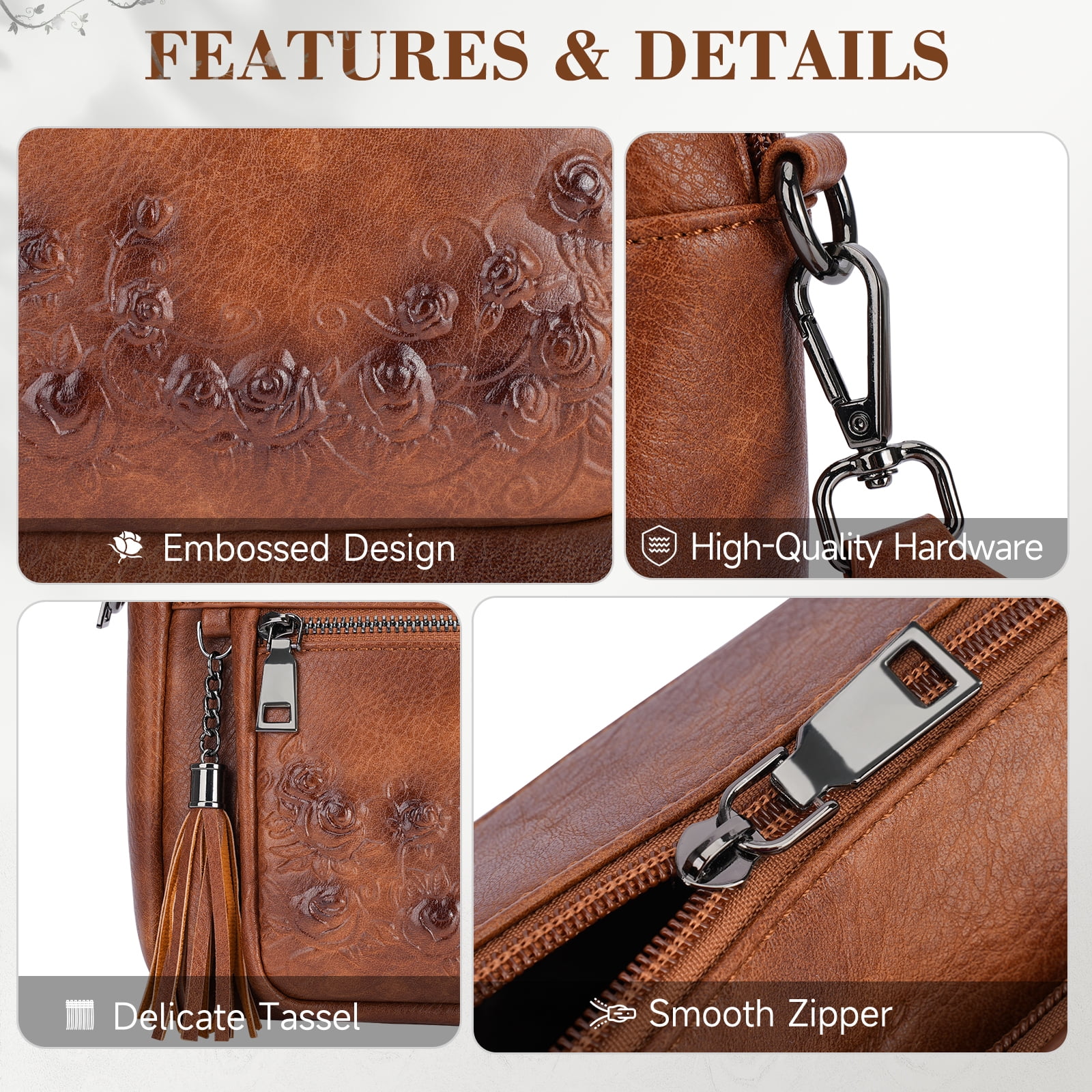 APHISON Crossbody Purse for Women, Rose Embossed Crossbody Phone Handbags with Adjustable Guitar Strap Hollow Everyday Crossbody Holiday Present Outfit Upgrade