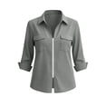 thumbnail image 5 of Women's Shirt Solid Long Sleeve Zipper Blouse Roll Up V Neck Collared Casual Tops with Pocket Vacation Wear Business Outfits, 5 of 8
