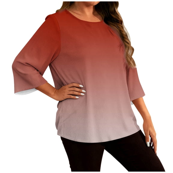 Ruimatai Women's Plus Size Gradient Casual T-Shirt Soft Comfortable Long Sleeve Round Neck Top for Everyday Wear