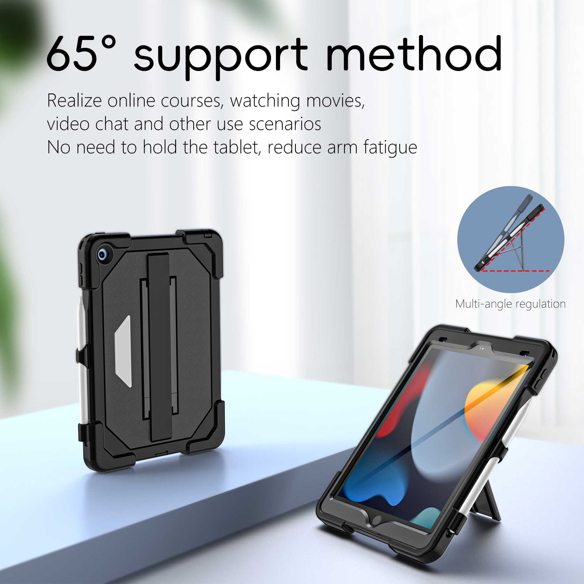 Dteck Full Body Protective Case for iPad 9th 8th 7th Generation,Shockproof TPU+PC Case Built-in Screen Protector Kickstand Hand Strap Cover with Pencil Holder for iPad 10.2" 2021/2020/2019,Black