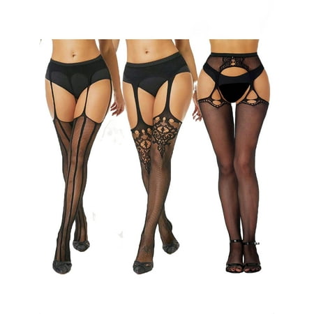 3 Pairs Women Black Fishnet Stockings With Garter Belt Sexy Lingerie Thigh Highs for Women Elegant and Comfortable Perfect for Parties or Special Occasions