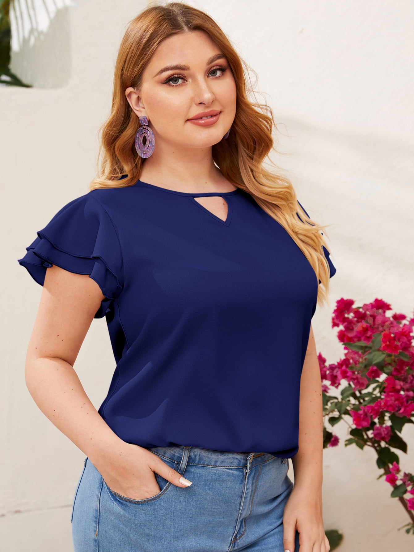 Keyhole Neck Layered Flutter Sleeve Top 
