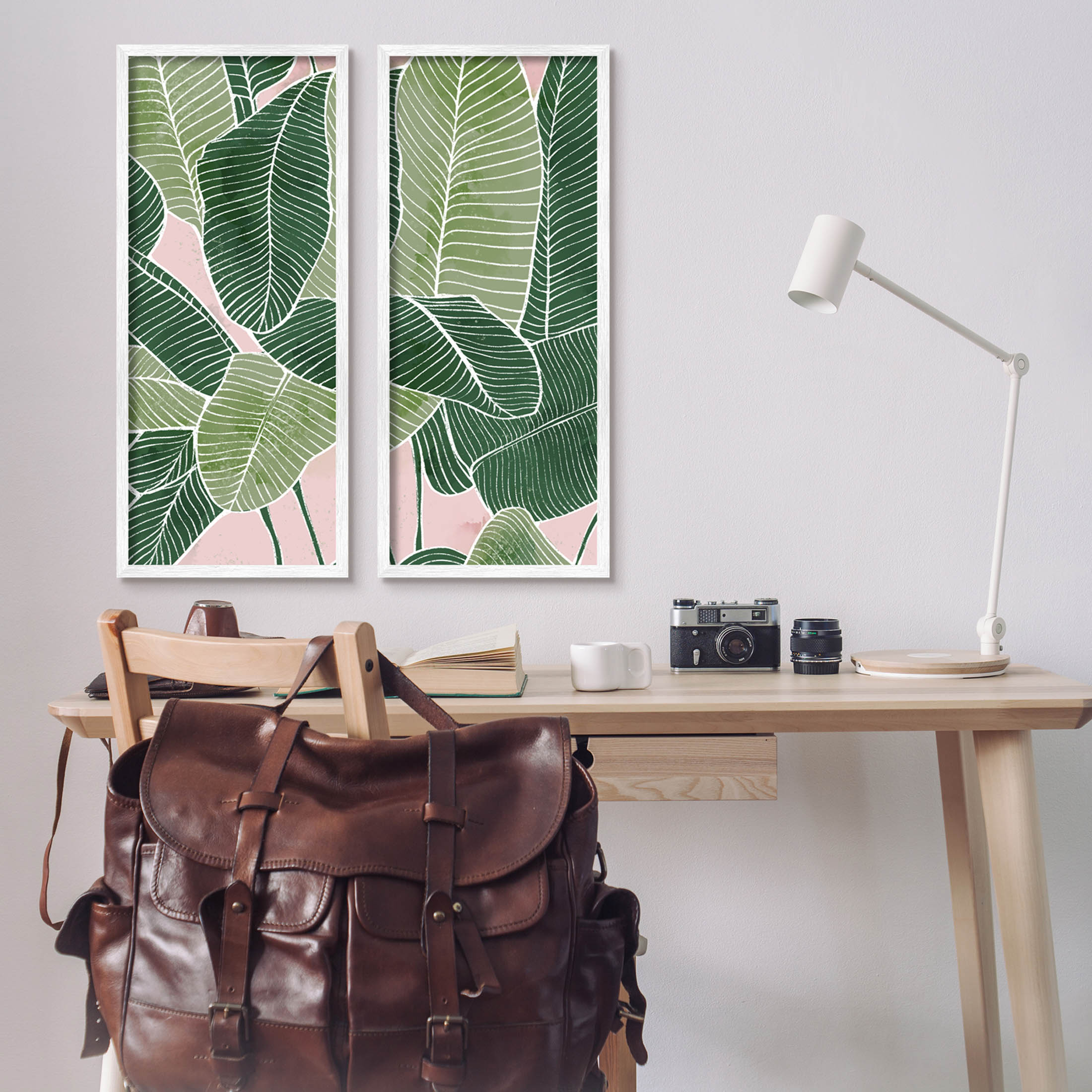 Contemporary Jungle Vegetation Leaves Botanical & Floral Graphic Art White Framed Art Print Wall Art, Set of 2