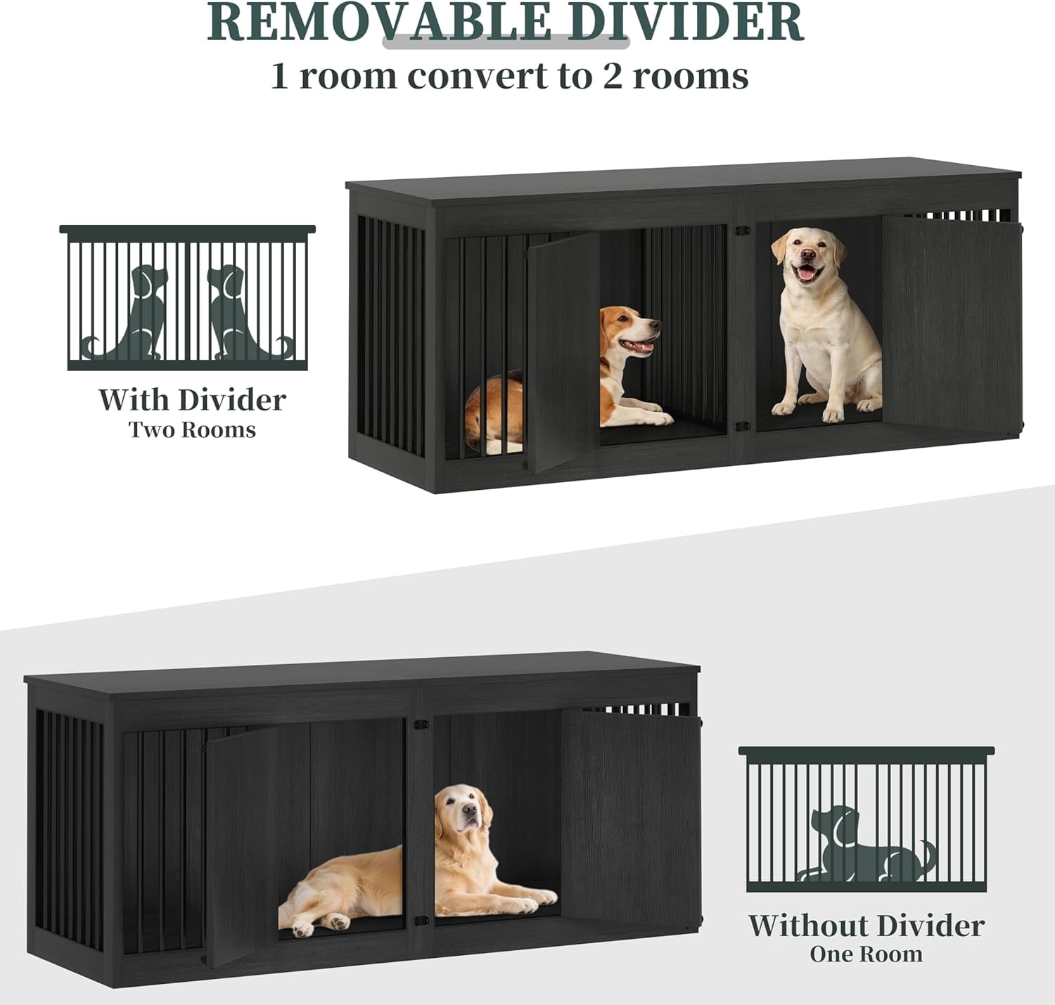POAO 72" Double Dog Crate Furniture, Heavy Duty Dog Kennel for 2 Large Dogs, Wooden Dog Cage w Removable Divider, Decorative Dog House as TV Stand, Dark Grey