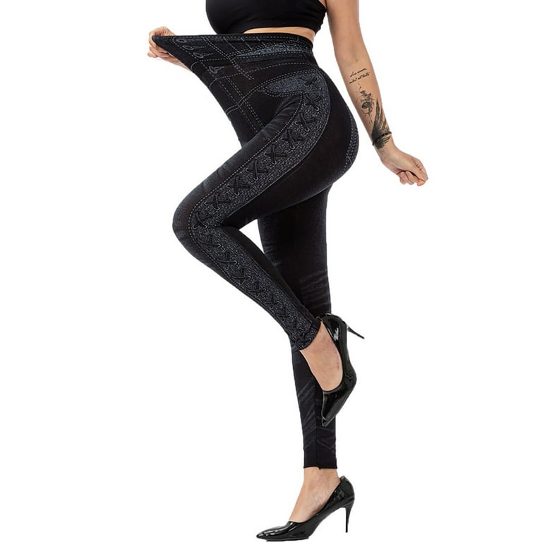 Pxiakgy yoga pants Women's Casual Imitation Cowboy Leggings Bead High  Elasticity Slim Cropped Pants Black + 3XL 