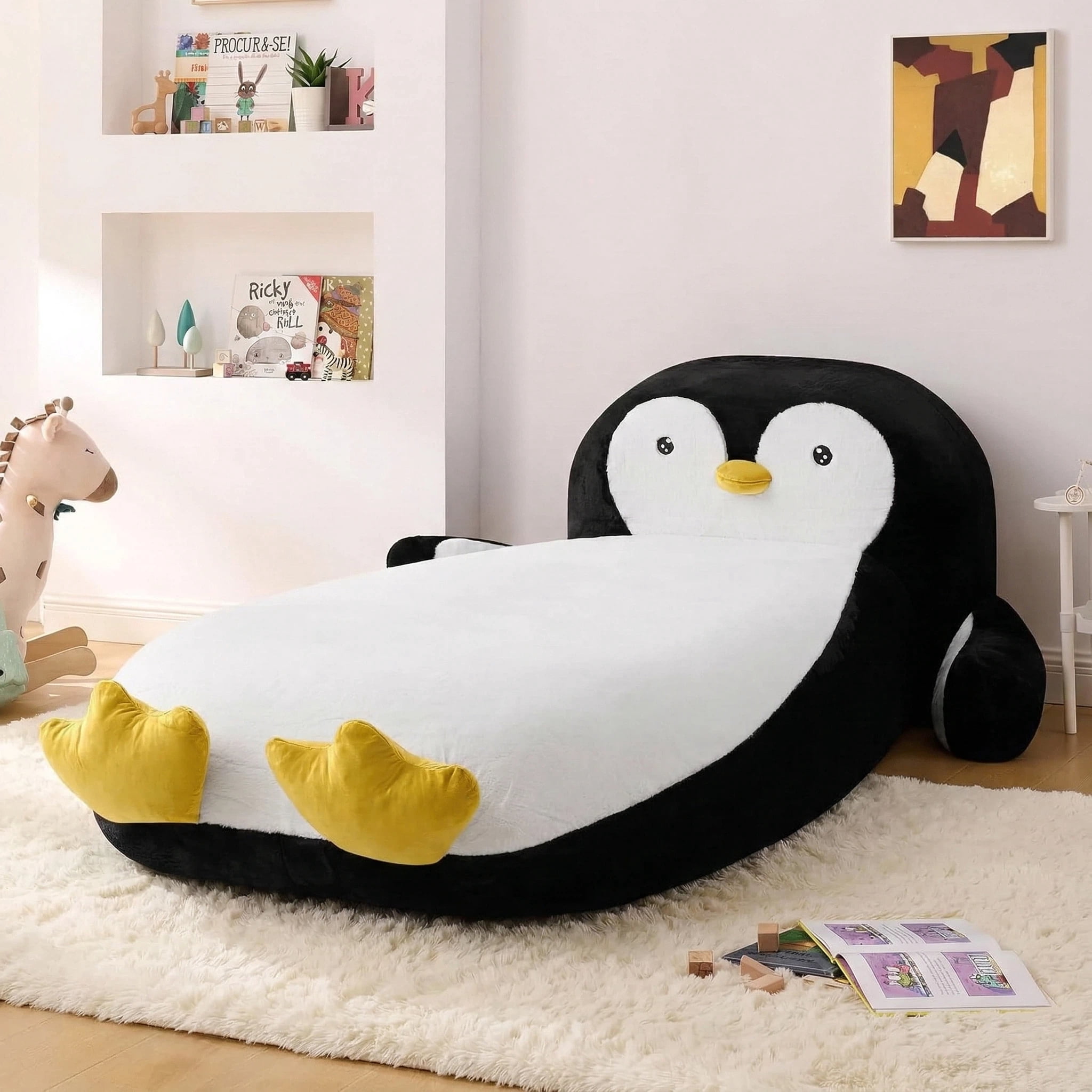 Aisword Twin Size Kids Daybed with Penguin Shaped & Headboard, Upholstered Faux Fur Cloud Boneless Memory Foam Bed Mattress, Platform Floor Sofa Couch Bed Frame for Girls, Boys, Teenager