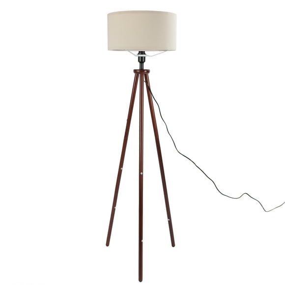 Wood Tripod Floor Lamp, Mid Century Flax Lampshade Modern Foot Pedal Switch Standing Lamp for Living Room Bedroom