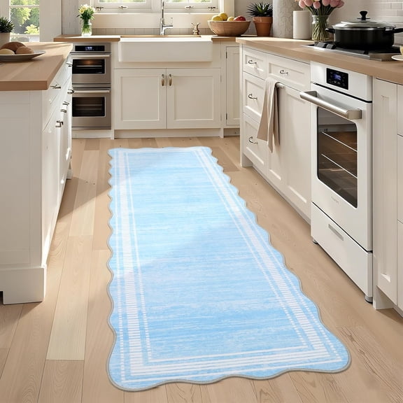 2x6 ft Scalloped Runner Rug, Machine Washable Low Pile Area Rug with Non-Slip Backing, Stain Resistant Soft Hallway Kitchen Entryway Bathroom Indoor Carpet,light blue