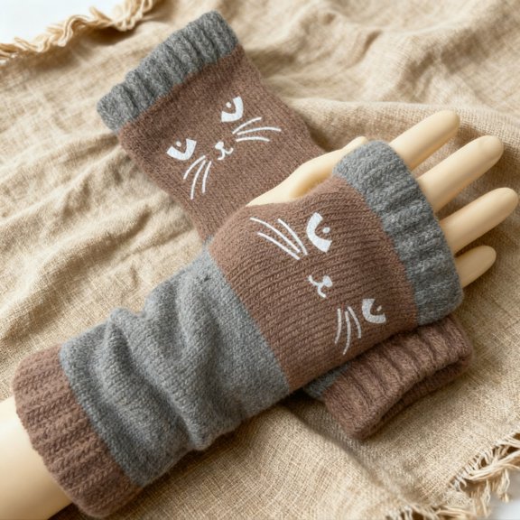 CUZIBR Winter Gloves Women Fingerless Color Block Cat Embroidery Splicing Knitted Glove Warm Fashion Soft Leaky Finger Casua Lmitten For Running Driving Hiking