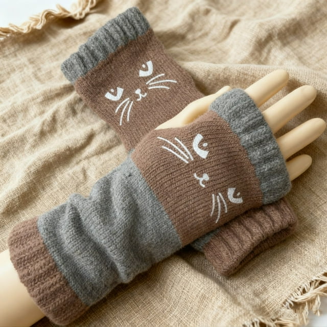 Cat Embroidered Knit Warm Gloves for Indoor Outdoor Use with Foldable Lightweight Aluminum Design 2PCS