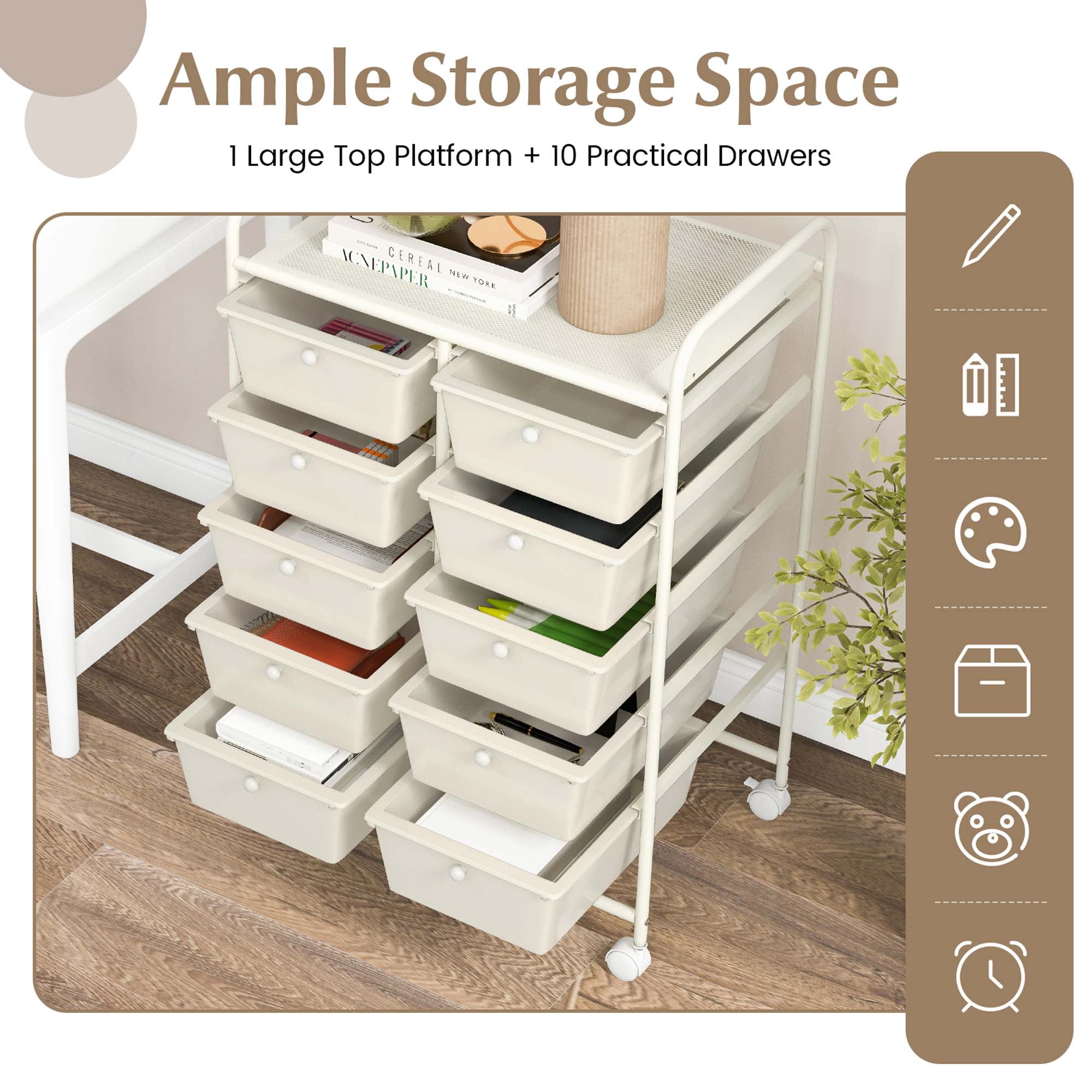 Costway 10-Drawer Storage Cart Utility Rolling Trolley Kitchen