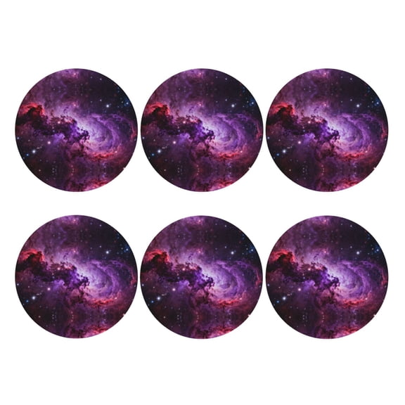 Purple Nebula Space Galaxy Leather Coasters for Drinks Perfect for Living Room, Kitchen, or Outdoor Use Set of 6 Round Shape
