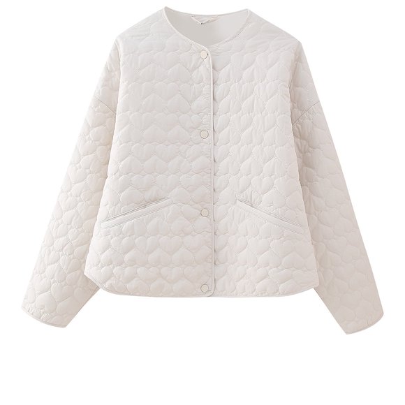 WRKEKC Women's Hooded Toggle Coat Fleece Lined Solid Color Quilted Parka with Heart Print and Oversized Pockets for Winter Warmth and Romantic Touch White M