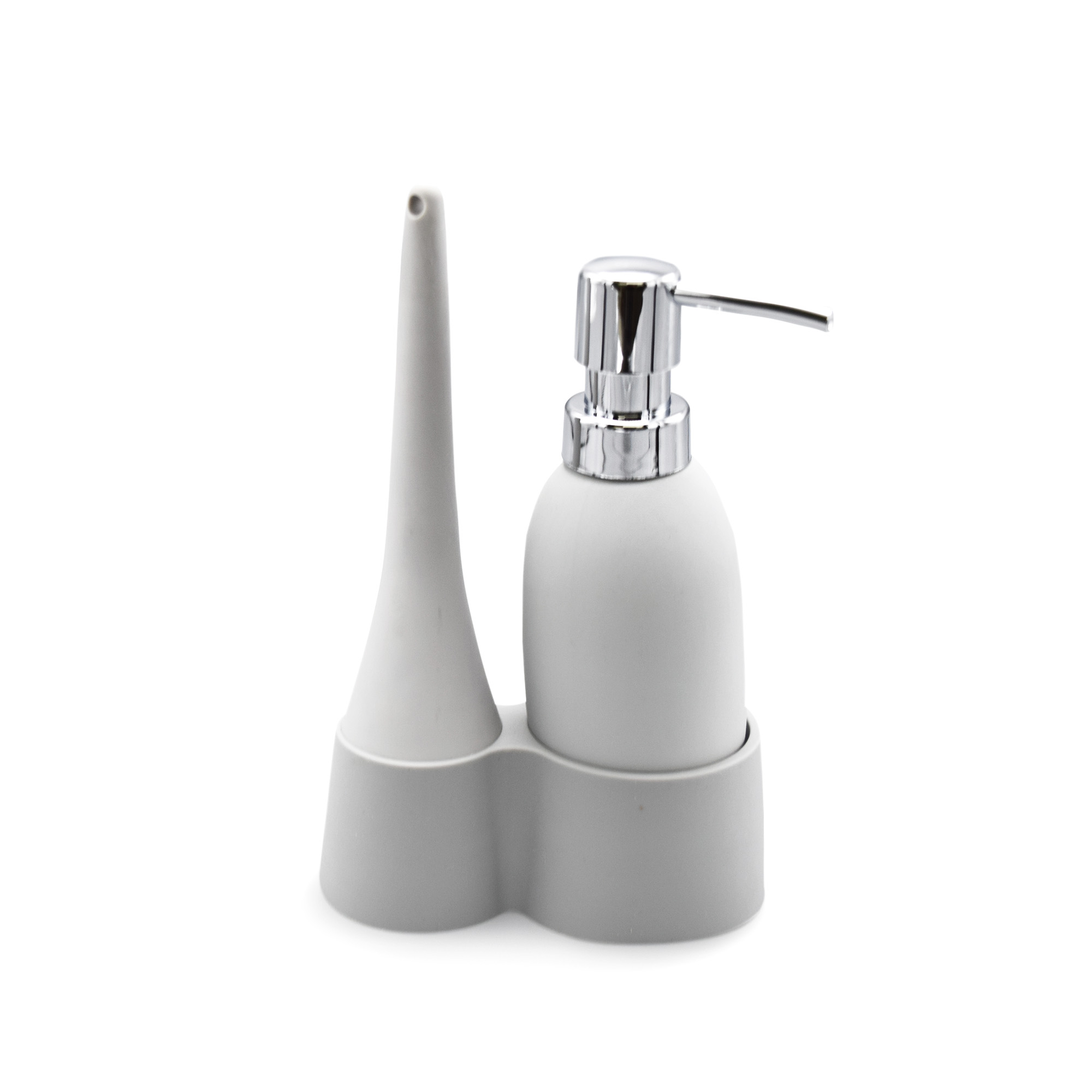 Silicone Kitchen Bathroom Soap Dispenser with Brush & Holder in Gray