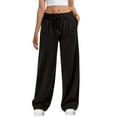 thumbnail image 3 of Women's Wool Wide-Leg Sweatpants with Internal Drawstring High Waist - Winter Warm Straight-Cut Sports Pants with Pockets for Comfortable Athletic and Casual Wear,Black,S, 3 of 4