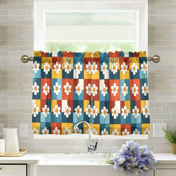 Yayeee Kitchen Curtains Tier Pair Light Filtering 27"x24" Rod Pocket Short Cafe Window Panel, Yellow Checkered Daisy
