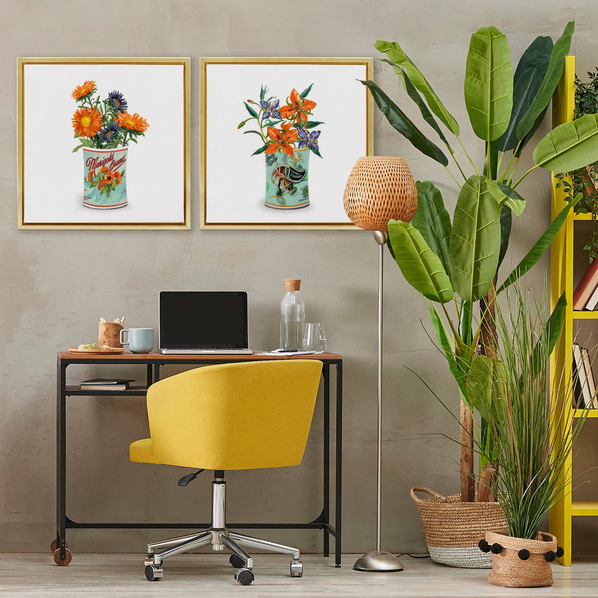 Stupell Industries Nostalgic Marigold & Lily Bouquets 2 Piece Gold Framed Floater Canvas Set, design by Val Rhodes