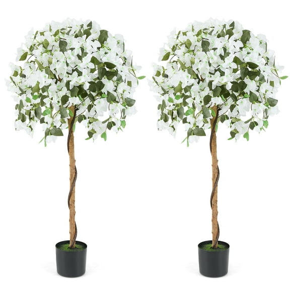 Gymax 2PCS 53'' Artificial Azalea Tree Floral Plant w/ Red Azalea Flowers Nursery Pot