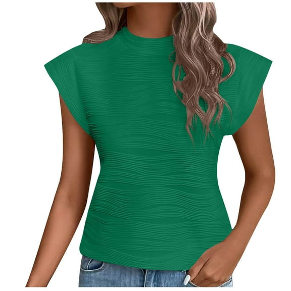 CHGBMOK Tops for Women Summer Casual Crew Neck T-Shirts Cap Sleeve Textured Cute Work Shirt