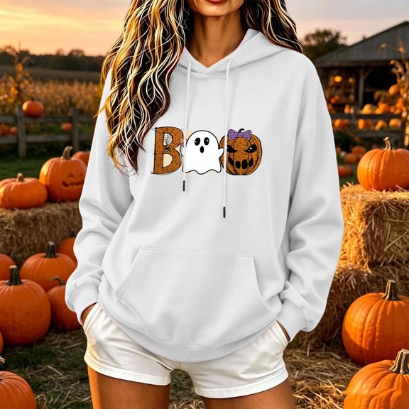 NSLGXD Women's Halloween Sweatshirts Funny Ghost Print Pullover Hoodies Soft Going Out Long Sleeve Sweat Tops Halloween Costumes S-2XL