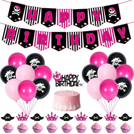 51Pcs Hot Pink CORNET and Black Pirate Decorations - Banner, Balloons, Cake Toppers, Theme Party Supplies for Girl's Birthday