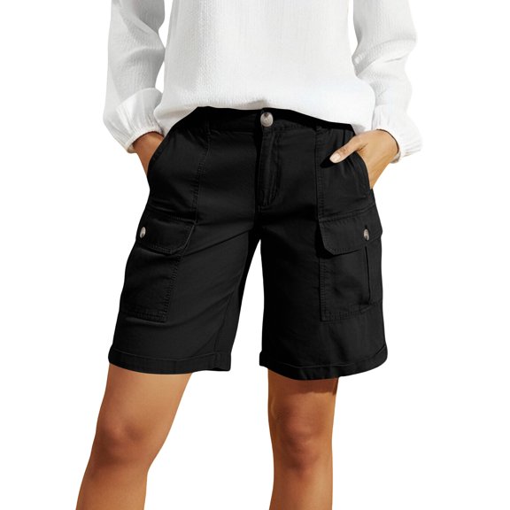 CYRBOKO Women's Cargo Shorts Knee Length, Summer Mulit-pockets Elastic Waist Casual Bermuda Shorts Black Size 2XL