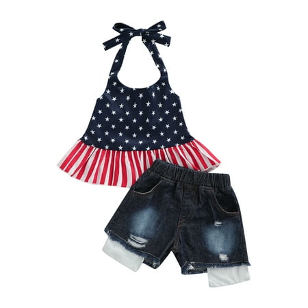

CenturyX Independence Day Newborn Baby Girls Outfits Star Stripe Print Tops Denim Shorts 4th of July Clothes 12-18 Months