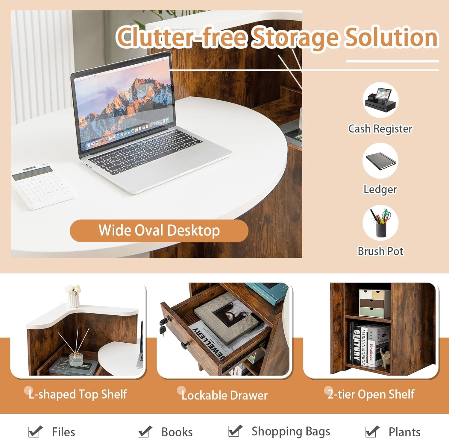 Reception Desk, Small Retail Checkout Counter with Lockable Drawer and Open Shelves, Wooden Front Desk Reception Counter, Oval Desktop & L Counter for Store Office Lobby Salon (Brown)