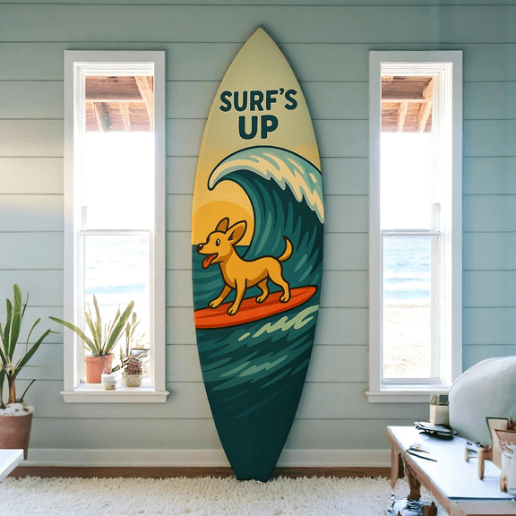 Outdoor Dog Surfboard Wall Decor, Coastal Pet Wall Art for Porch, Patio, PVC Beach House Decor for Dog Owners, Surfs Up, 4 foot