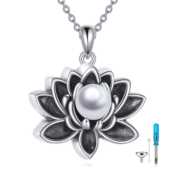 Black Lotus Pearl Urn Necklace for Ashes 925 Sterling Silver Pet Memorial Keepsake Cremation Jewelry Gifts for Pet or Loved One’s Ashes