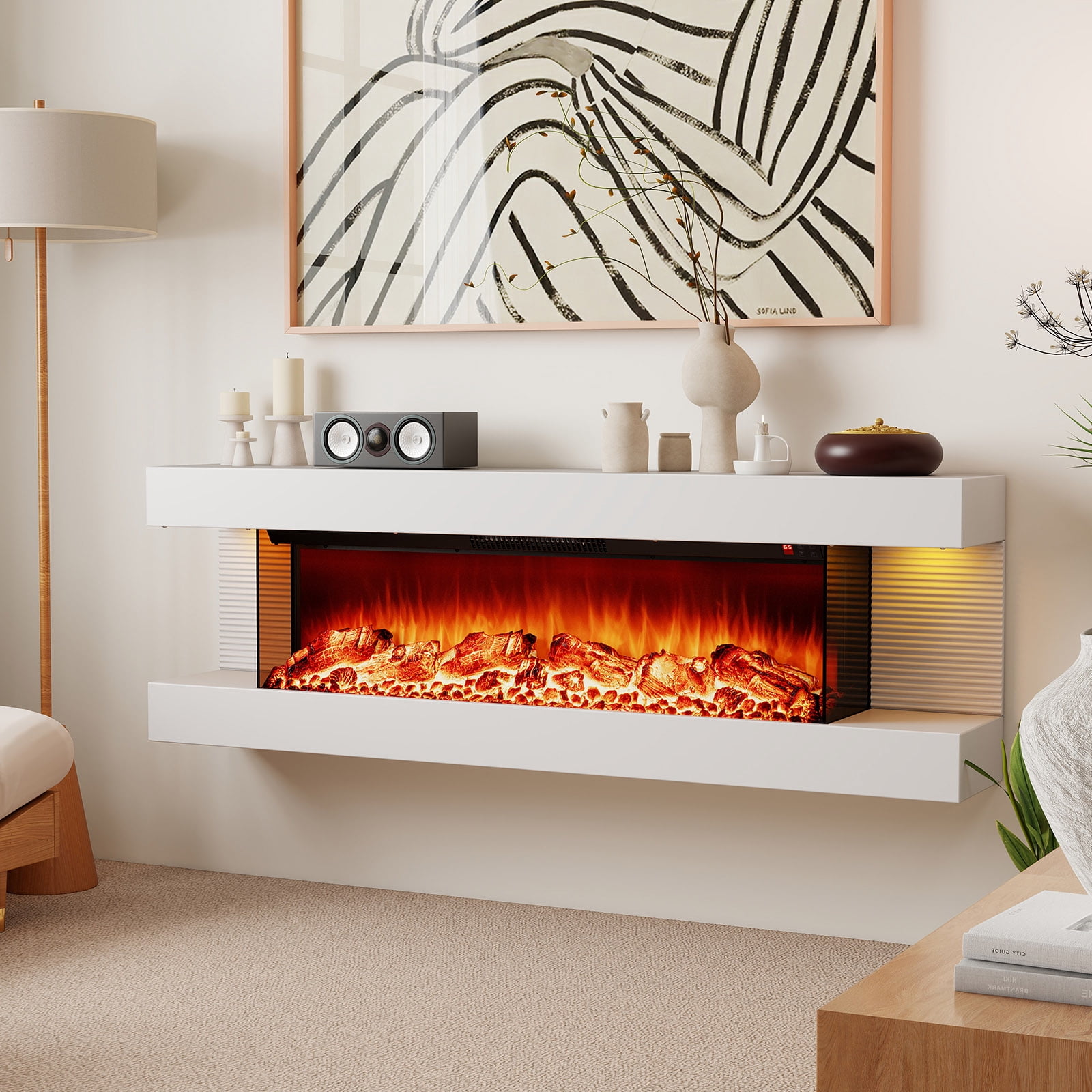 Gymax 18'' 3-Sided Wall Mounted Electric Fireplace w/ 32''Wide Floating Mantle